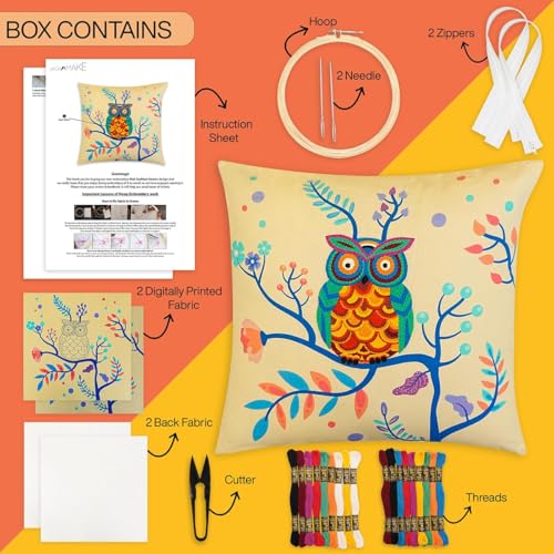 picknMAKE Cover/Pillow Cushion Craft DIY Bliss Owl Majestic with Beginners for Set Kit Embroidery Hand Cover Cushion DIY 2 of Set |16 "X16|Patterns Embroidery Printed Digitally|Included Materials All - Image 2