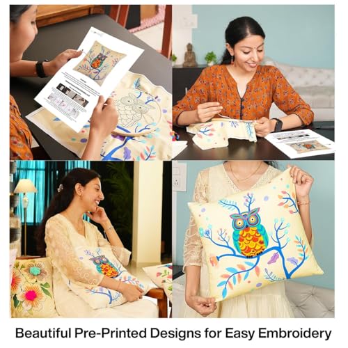picknMAKE Cover/Pillow Cushion Craft DIY Bliss Owl Majestic with Beginners for Set Kit Embroidery Hand Cover Cushion DIY 2 of Set |16 "X16|Patterns Embroidery Printed Digitally|Included Materials All - Image 3