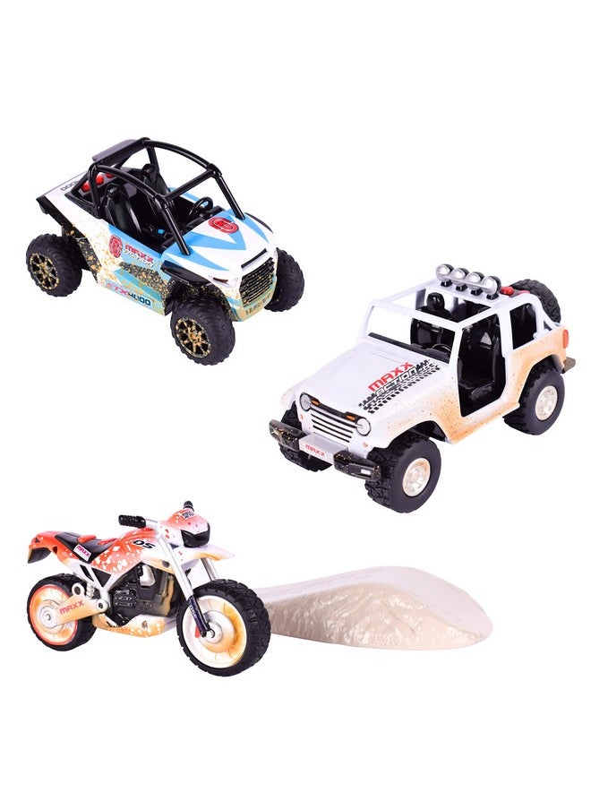 Sunny Days Entertainment Sunny Days Entertainment Maxx Action Mini Off-Road Lights & Sounds Vehicles - 3 Pack with Motorcycle with Dirt Mound, ATV and Sports Vehicle  - Image 1
