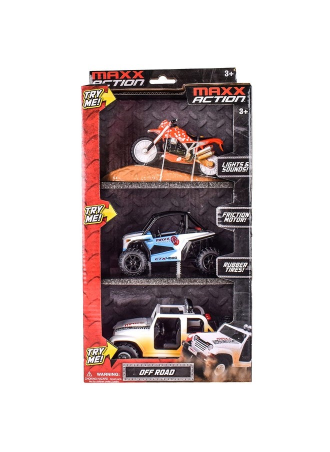 Sunny Days Entertainment Sunny Days Entertainment Maxx Action Mini Off-Road Lights & Sounds Vehicles - 3 Pack with Motorcycle with Dirt Mound, ATV and Sports Vehicle  - Image 2