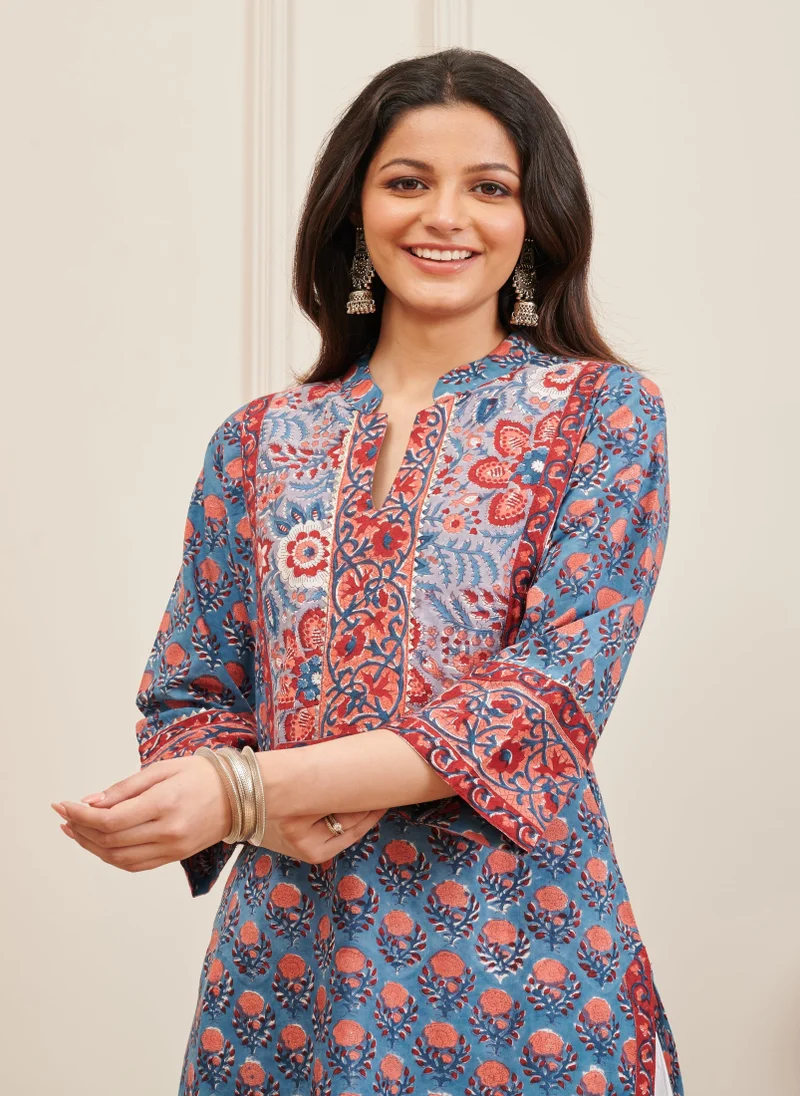 ZERESOUQ Grey Cotton Hand Block Printed Straight Kurta