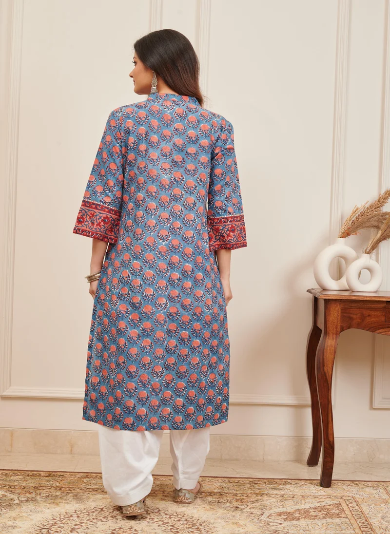 ZERESOUQ Grey Cotton Hand Block Printed Straight Kurta