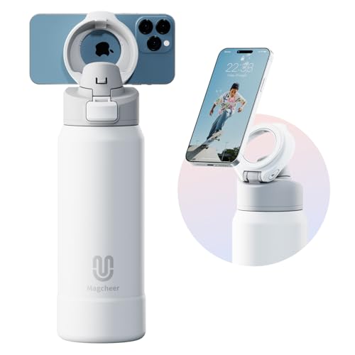magcheer Insulated Magnetic Water Bottle - Reusable Stainless Steel Bottle with MagSafe Compatible Phone Holder - Keeps Cold for 32 Hours - Perfect for Gym, Sports, and Travel - White 32oz - Image 1