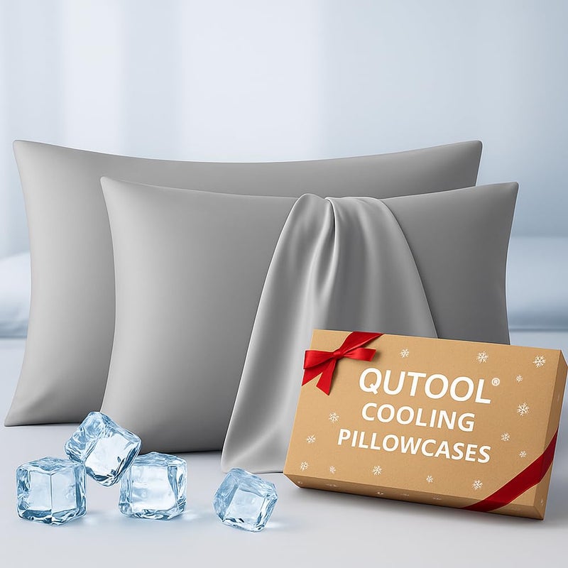 QUTOOL Luxury Cooling Pillowcases Queen Size 2 Pack, Q-Max>0.4 Cool Touch for Hot Sleepers&Night Sweats Beauty Sleep Anti-Frizz, Softer Than Silk Pillowcover Oeko-TEX Certified Grey - Image 1