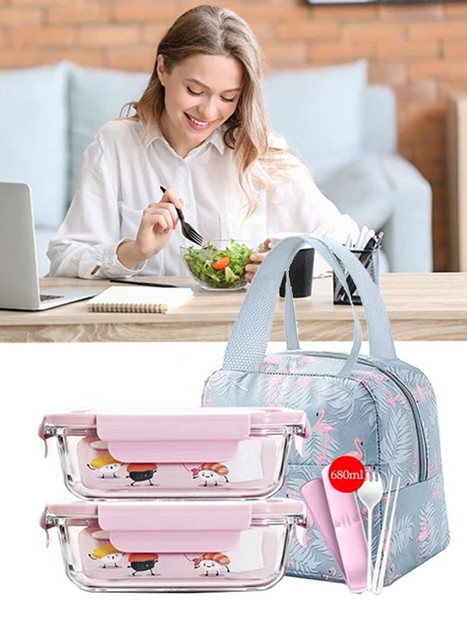 DUNISO 2 Pcs Glass Meal Prep Containers，Leak Proof Lunch Box，Food Storage Containers with Lids，with Durable Lock Covers, With Insulated Bag and Tableware,for Microwave, Oven,Freezer and Dishwasher，680ml - Image 1