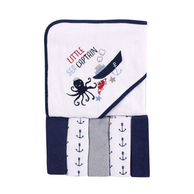 Luvable Friends Unisex Baby Hooded Towel with Five Washcloths, Sea Captain, One Size - Image 2