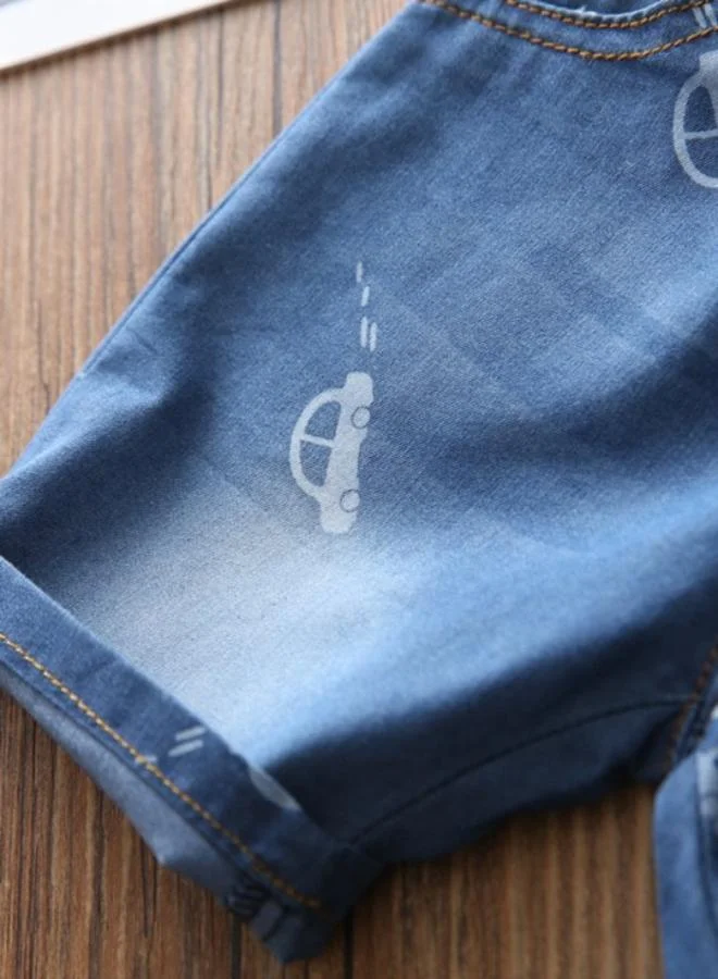 يونيكي Blue Regular Fit Mid Rise Printed Denim Shorts