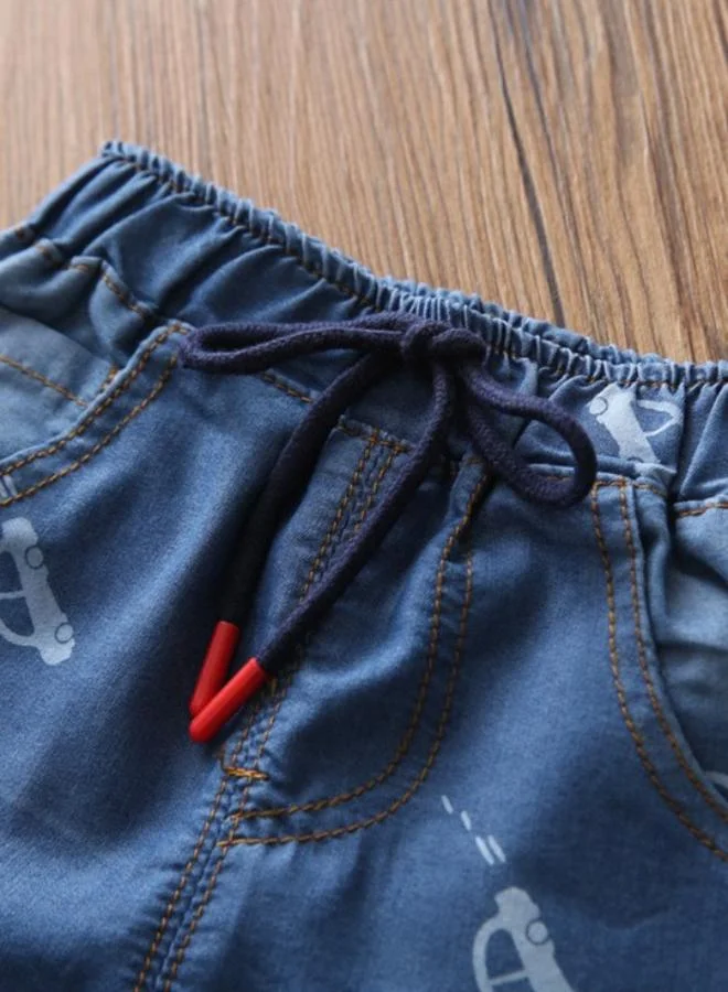يونيكي Blue Regular Fit Mid Rise Printed Denim Shorts