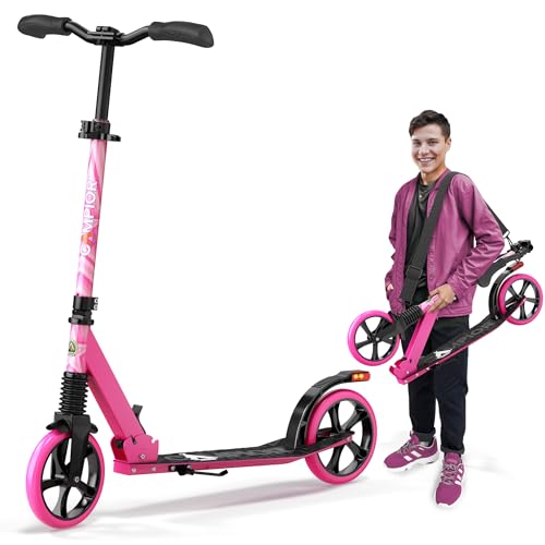 Campior Kick Scooter for Ages 6 for Kids Teens and Adults Max Load 240 LBS Foldable 8inch Big Wheels for Kids and Adults with Kickstand 3 Adjustable Levels Child Safety Approved Pink - Image 1