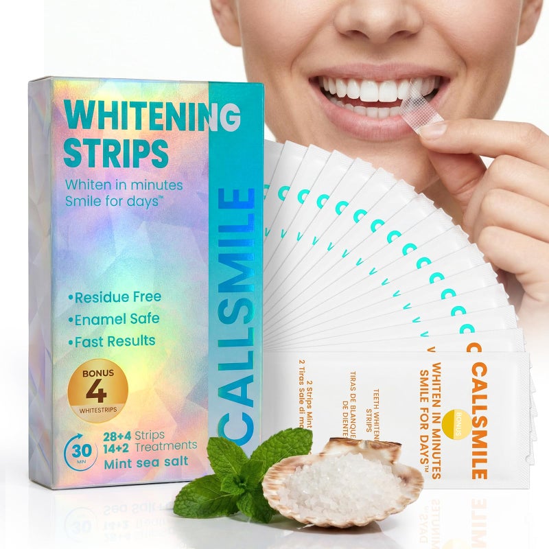 CALLSMILE Whitening Strips for Sensitive Teeth: 16 Treatments Gentle Whitening | Enamel-Safe | Deep Stains Removal | Non-Slip Dry Strips Daily Oral Care, Mint Sea Salt - Image 1