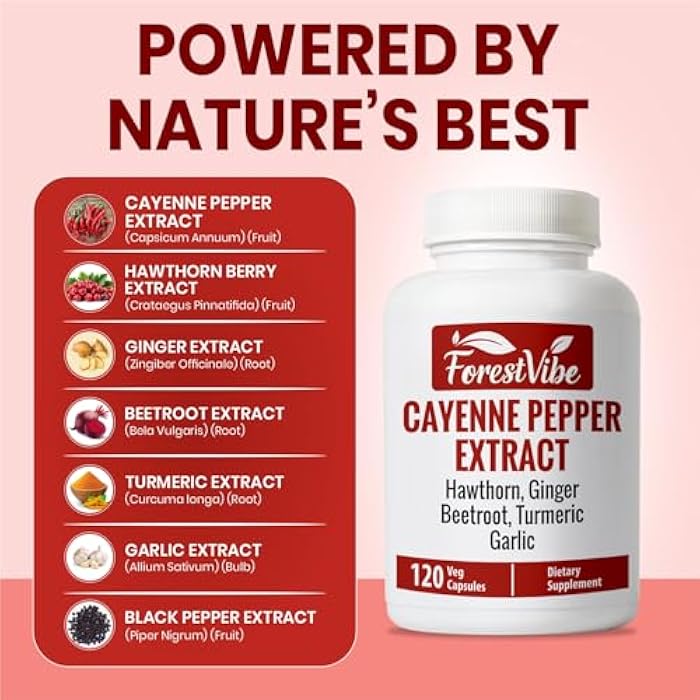 ForestVibe Cayenne Pepper Capsules, 7-in-1 Blend with Hawthorn, Ginger, Beetroot, Garlic & Turmeric, 120 Vegan Capsules, 2 Month Supply, Non-GMO and Gluten Free Capsaicin Pills - Image 3