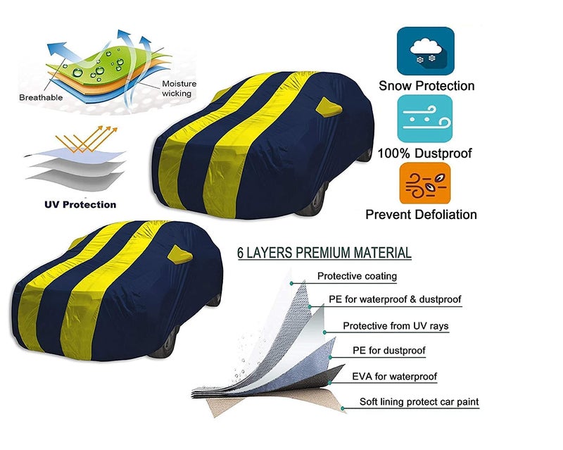 Auto Hub Car Cover Compatible with Tata Punch with Mirror Pocket, Weather Proof, Triple Stitched, Punch Car Cover- Navy-Yellow - Image 5