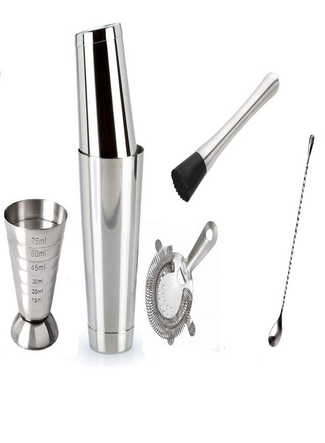 Devanjana™6 Pieces Professional Barware Combo - Cocktail & Mocktail Mixer Bar Set for Gift - 750ml Cocktail Shaker Set of 2, Hawthorne Strainer, Bar Spoon, Muddler, Jigger | Silver