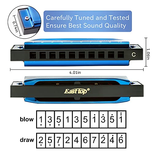 East top Harmonica, Blues Diatonic Armonica Mouth Organ Key of C, 10 Holes 20 Tones Harmonica For Adults, Kids, Beginners, Professionals and Students（Silver grey） - Image 4