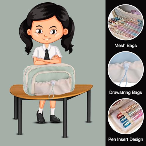 Lyrovo Pouch for School Girls and Boys Pencil Case with Mesh Compartments and Adjustable Drawstring Pocket (Green) - Image 4