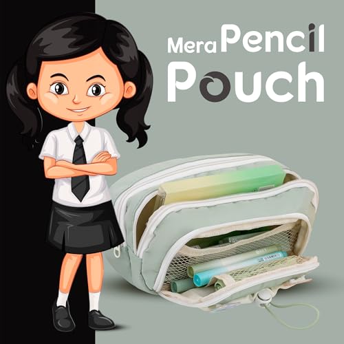 Lyrovo Pouch for School Girls and Boys Pencil Case with Mesh Compartments and Adjustable Drawstring Pocket (Green) - Image 2