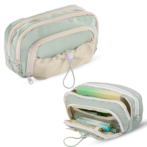 Lyrovo Pouch for School Girls and Boys Pencil Case with Mesh Compartments and Adjustable Drawstring Pocket (Green) - Image 1