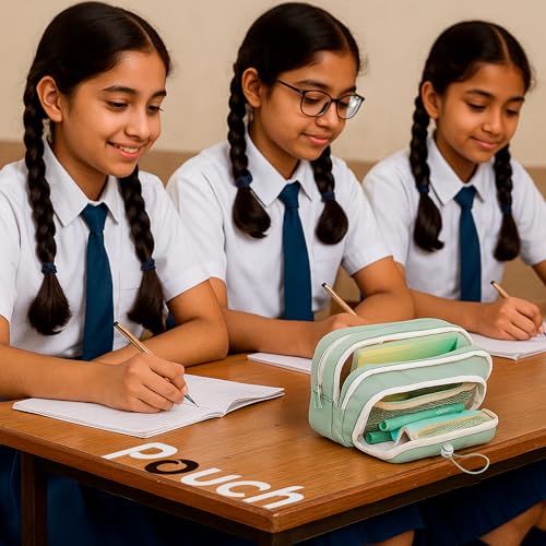 Lyrovo Pouch for School Girls and Boys Pencil Case with Mesh Compartments and Adjustable Drawstring Pocket (Green) - Image 5