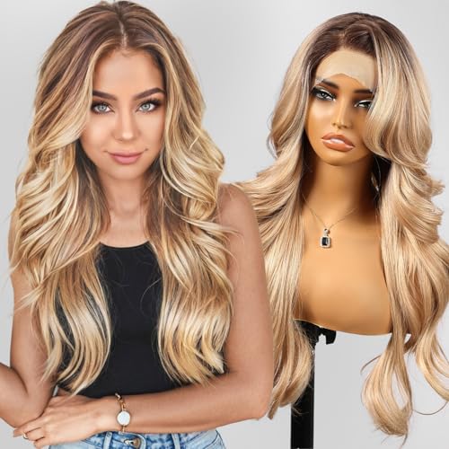 KOME Dirty Blonde Synthetic Lace Front Wig13x4 HD Lace Layered Wave Glueless Wigs for Women Daily Use 26IN - Image 1