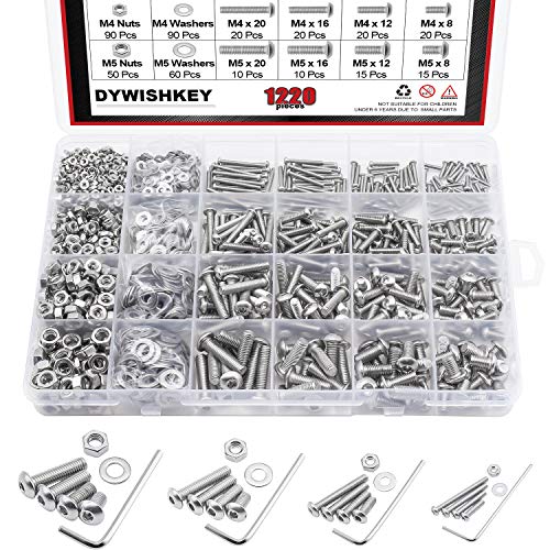 DYWISHKEY 1220 PCS M2 M3 M4 M5, 304 Stainless Steel Hex Button Head Cap Bolts Screws Nuts Washers Assortment Kit with Hex Wrenches - Image 1
