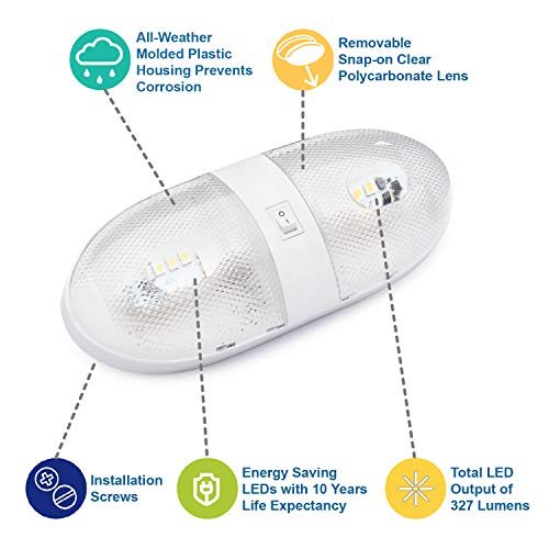 Lumitronics RV 12V Double LED Ceiling Dome Light, On/Off Switch, Removable Lenses - Image 4