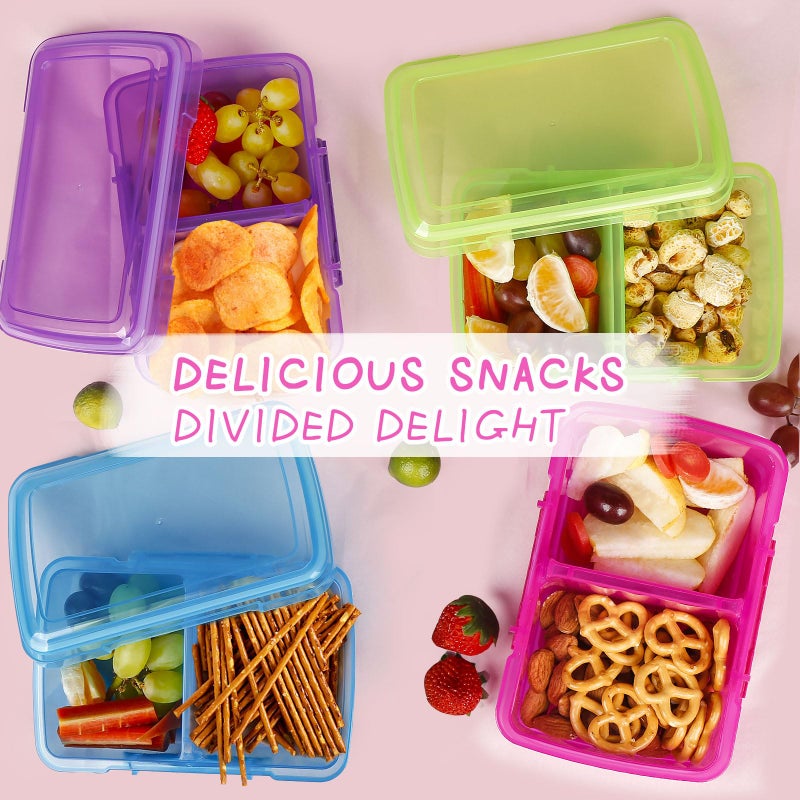 Greentainer 4 Pack Plastic Snack Containers with Lids, 2 Compartment Food Container for Kids Snack Box, Travel Bento Lunch Containers with forks for Fruits/Candies, Divided Food Storage Containers for School - Image 3