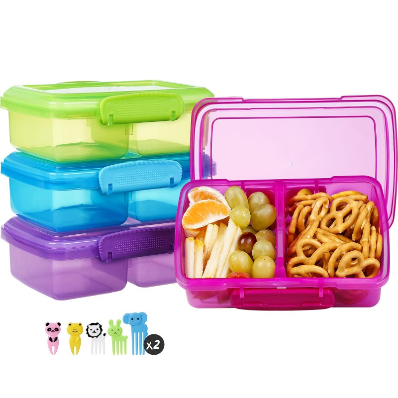 Greentainer 4 Pack Plastic Snack Containers with Lids, 2 Compartment Food Container for Kids Snack Box, Travel Bento Lunch Containers with forks for Fruits/Candies, Divided Food Storage Containers for School - Image 1