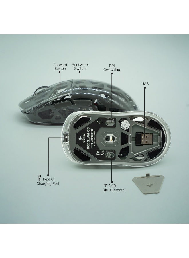 أريزون فأرة الألعاب اللاسلكية أريزون AM-05 بإضاءة RGB شفافة ثنائية الوضع - Image 4