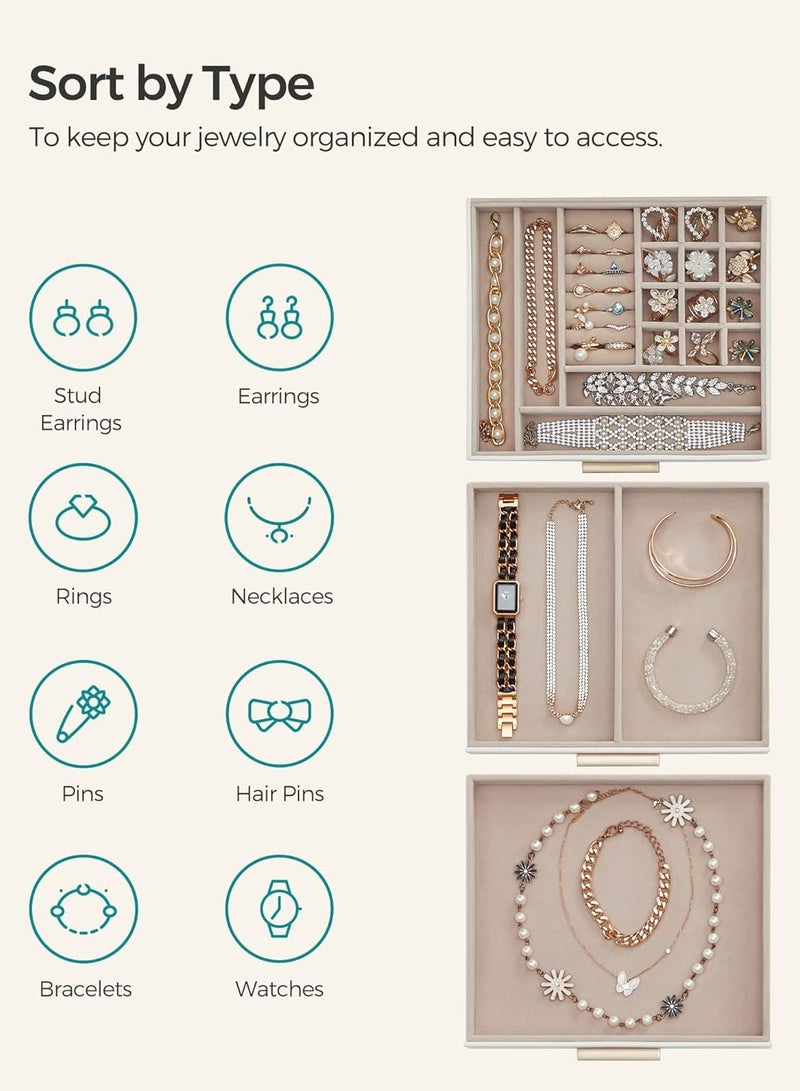 JOSQUEWNN Jewelry Box with Glass Lid, 3-Layer Jewelry Organizer, 2 Drawers, for Big and Small Jewelry, Jewelry Storage, Modern Style, 8 x 9.1 x 5.3 Inches, Cloud White - Image 4