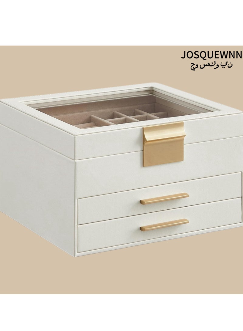 JOSQUEWNN Jewelry Box with Glass Lid, 3-Layer Jewelry Organizer, 2 Drawers, for Big and Small Jewelry, Jewelry Storage, Modern Style, 8 x 9.1 x 5.3 Inches, Cloud White - Image 1
