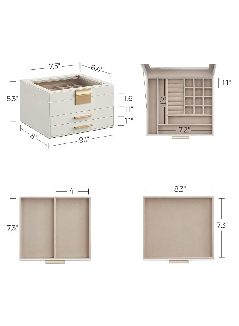 JOSQUEWNN Jewelry Box with Glass Lid, 3-Layer Jewelry Organizer, 2 Drawers, for Big and Small Jewelry, Jewelry Storage, Modern Style, 8 x 9.1 x 5.3 Inches, Cloud White - Image 2