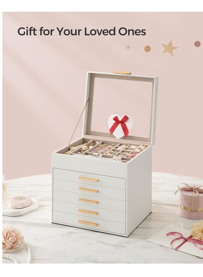 JOSQUEWNN Jewelry Box with Glass Lid, 3-Layer Jewelry Organizer, 2 Drawers, for Big and Small Jewelry, Jewelry Storage, Modern Style, 8 x 9.1 x 5.3 Inches, Cloud White - Image 5