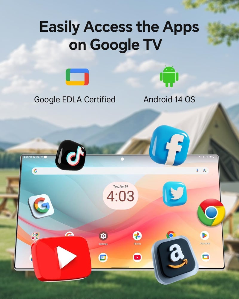 KTC 25 بوصة تلفزيون محمول - شاشة لمس ذكية مع Google Play، Android 14، Qualcomm 8G RAM+128G تخزين، تلفزيون ذكي محمول 1080P مع كاميرا 8MP وبطارية، شاشة لمس للتخييم والحمام - Image 3