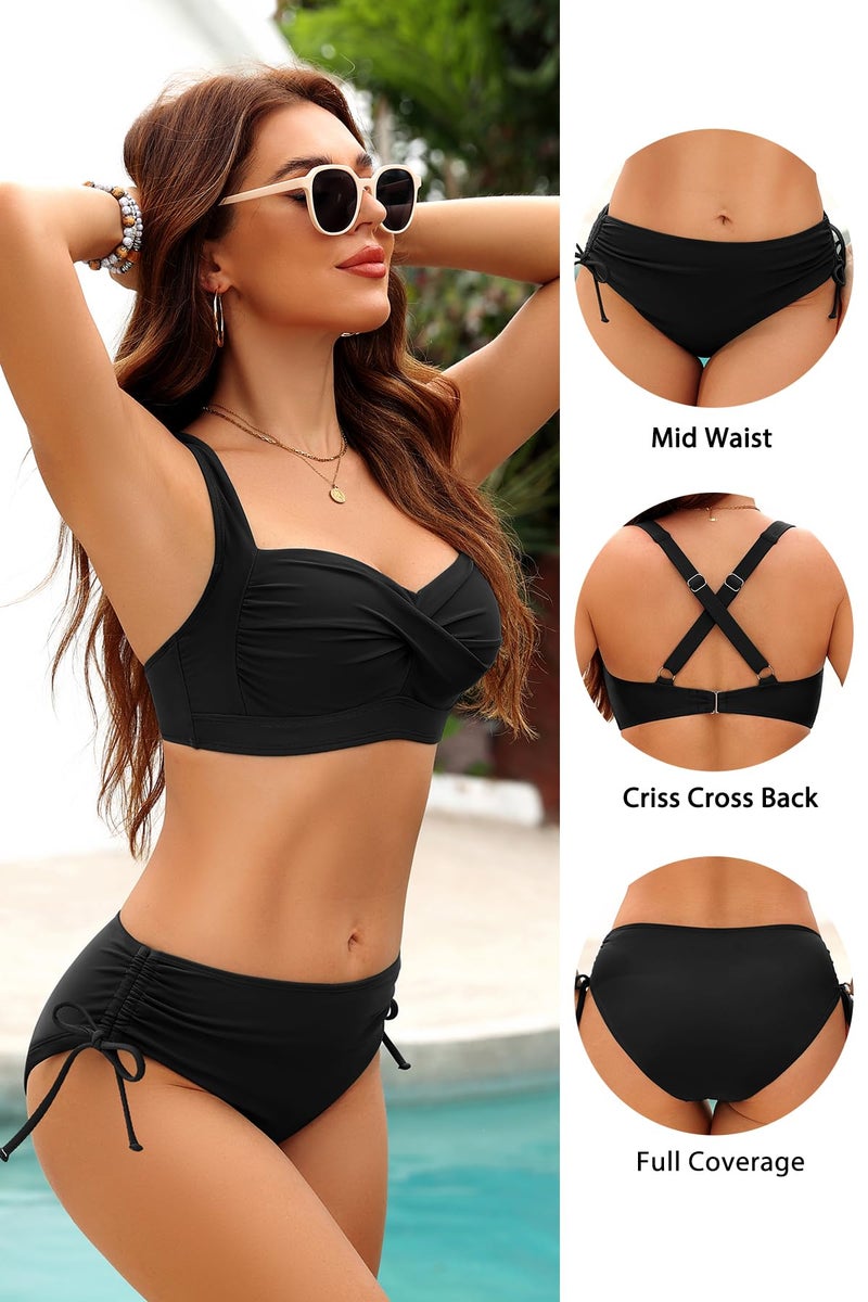 Daci Black Women Two Piece Swimsuit - Push Up Bikini Set Criss Cross Bathing Suit Drawstring Mid Waist Bottom 2026 Swimwear M - Image 4