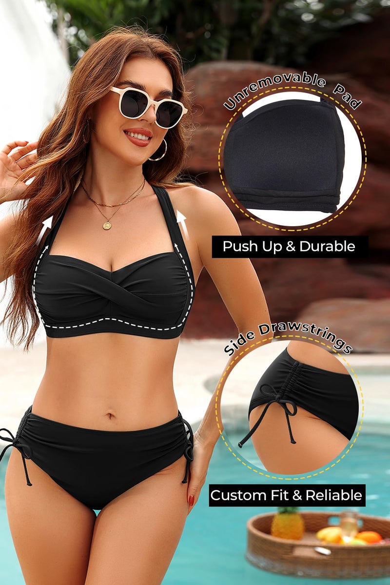 Daci Black Women Two Piece Swimsuit - Push Up Bikini Set Criss Cross Bathing Suit Drawstring Mid Waist Bottom 2026 Swimwear M - Image 3