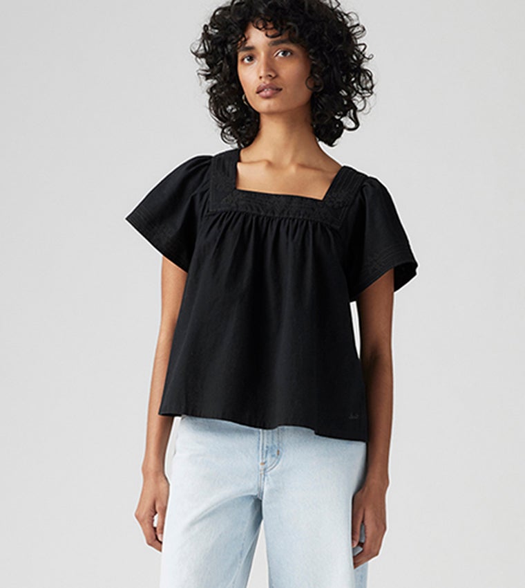 Embroidered Black Square Neck Top