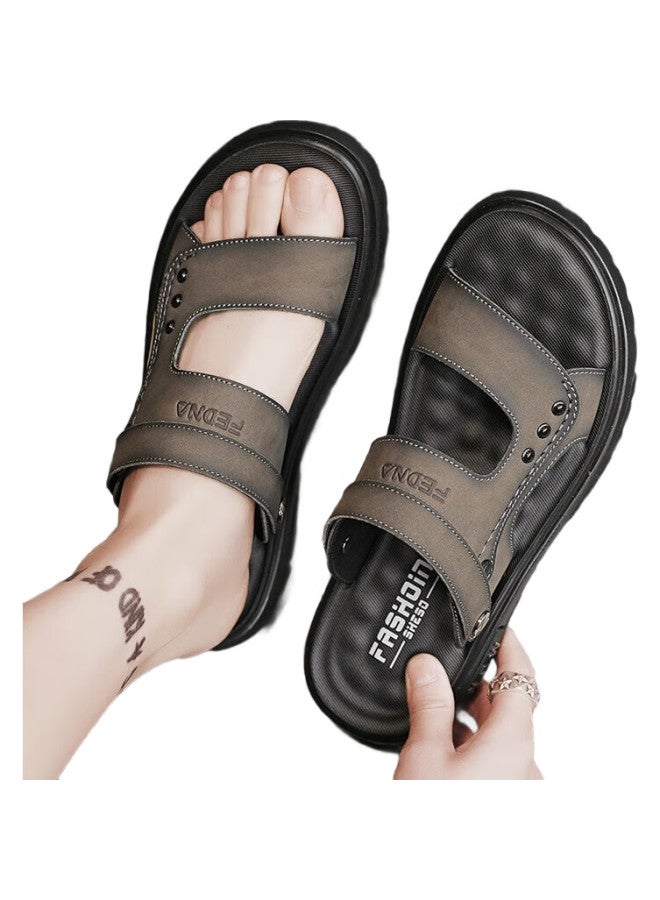 CARTELO Men'S Summer Breathable Leather Sandals Men'S Dual-Use Outdoor Beach Shoes Men'S Hollow Cool Slippers Brown Size 40 - Image 2