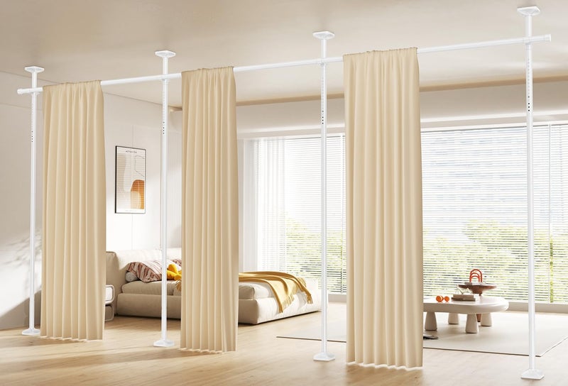 SUNALLY Room Divider Curtain Rod, No Drilling Wall Divider for Room Separation, 4-10ft(H) 28-171inch(W) Adjustable Heavy Duty Partition Space Separator Freestanding Tension Curtain Stand, White - Image 1
