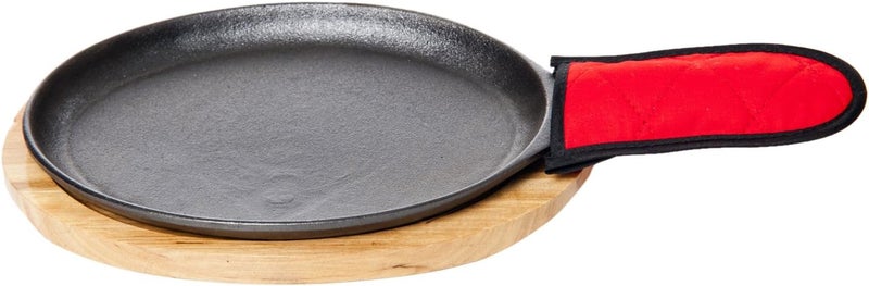 Pre-Seasoned Cast Iron Mid Size Fajita Plate Set, 12.25-inch L X 6.25-inch W, Wood Base and Cotton Mitt