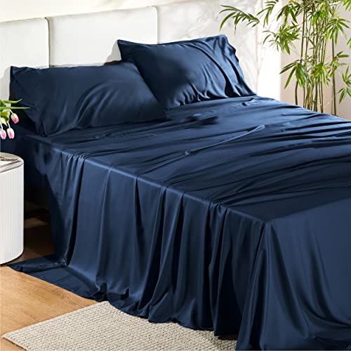 Bedsure Bedsure King Size Sheet Sets Cooling Sheets for Hot Sleepers Rayon Derived from Bamboo Breathable  Soft Deep Pocket Up to 16 Inches Hotel Luxury Silky Bedding Bedsheet  Pillowcases Navy 