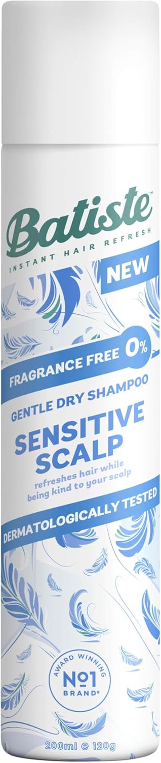 Batiste Sensitive Scalp Fragance Free Dry Shampoo Dermatologically Tested Kind to Scalp No Rinse Shampoo Hair Spray Gentle Lightweight Formula for Refreshed Hair 200ml