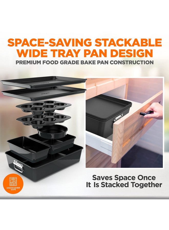 نيوتري شيف طقم أدوات خبز غير لاصقة قابل للتكديس من نيوتري شيف، مكون من 8 قطع - طقم صواني خبز من الفولاذ الممتاز - يتضمن صينية كيك مستديرة، وصينية مافن سعة 6 أكواب، وصينية براوني ورغيف عريضة/مربعة، وصينية بسكويت، وصينية تحميص (أسود) - Image 5