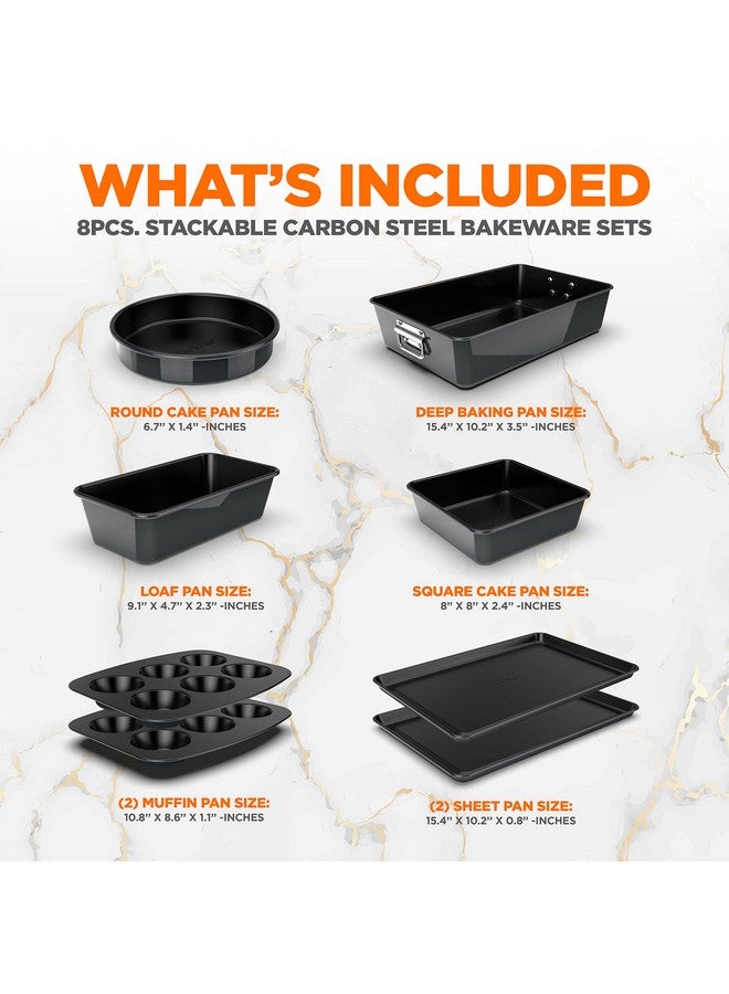نيوتري شيف طقم أدوات خبز غير لاصقة قابل للتكديس من نيوتري شيف، مكون من 8 قطع - طقم صواني خبز من الفولاذ الممتاز - يتضمن صينية كيك مستديرة، وصينية مافن سعة 6 أكواب، وصينية براوني ورغيف عريضة/مربعة، وصينية بسكويت، وصينية تحميص (أسود) - Image 2