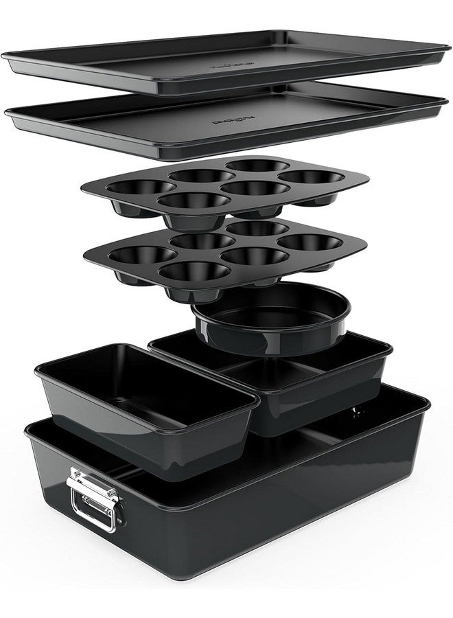 نيوتري شيف طقم أدوات خبز غير لاصقة قابل للتكديس من نيوتري شيف، مكون من 8 قطع - طقم صواني خبز من الفولاذ الممتاز - يتضمن صينية كيك مستديرة، وصينية مافن سعة 6 أكواب، وصينية براوني ورغيف عريضة/مربعة، وصينية بسكويت، وصينية تحميص (أسود) - Image 1