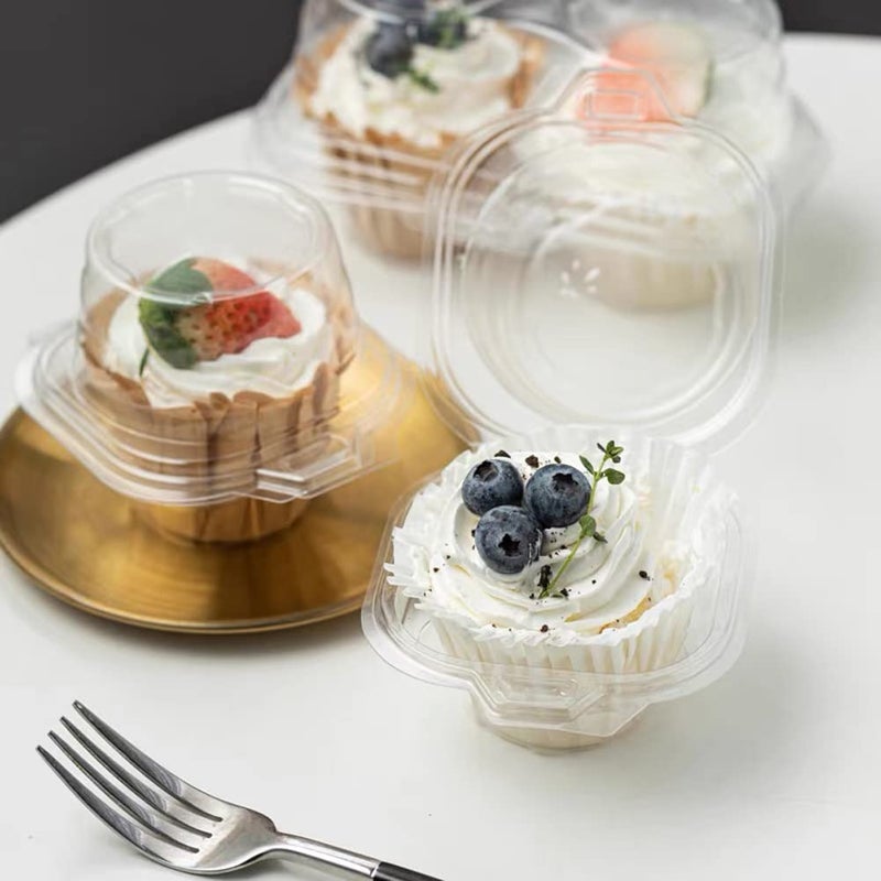 LOKQING 50 Pcs Cupcake Boxes Plastic Individual Cupcake Containers Single Cupcake Carrier with Connected Airtight Dome Lid for Party - Image 4