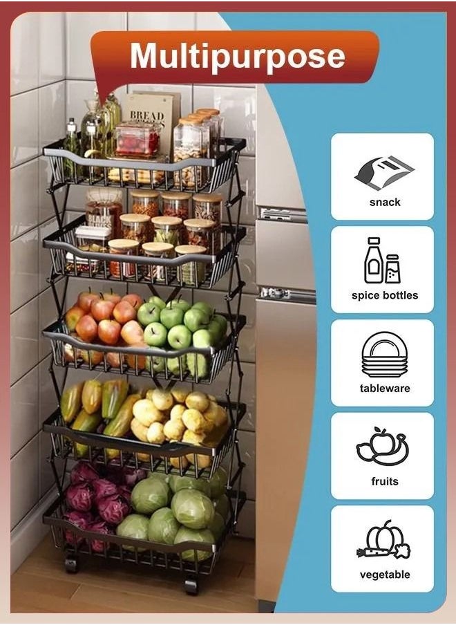 Toshionics 5 Tiers Foldable Pantry Basket Fruit Vegetable Layers Storage Collapsible Rolling Utility Cart for Kitchen Onions Potatoes Snacks Bathroom Garage Organizer with Wheels Potatoes Snacks  - Image 5