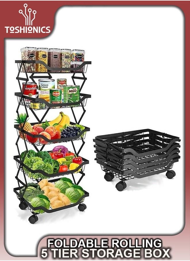 Toshionics 5 Tiers Foldable Pantry Basket Fruit Vegetable Layers Storage Collapsible Rolling Utility Cart for Kitchen Onions Potatoes Snacks Bathroom Garage Organizer with Wheels Potatoes Snacks  - Image 1