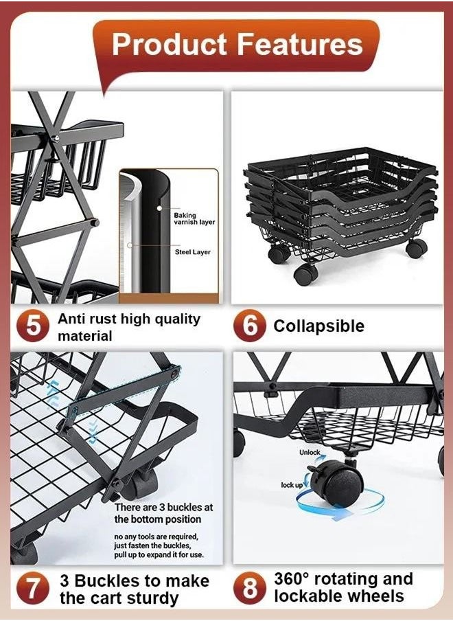 Toshionics 5 Tiers Foldable Pantry Basket Fruit Vegetable Layers Storage Collapsible Rolling Utility Cart for Kitchen Onions Potatoes Snacks Bathroom Garage Organizer with Wheels Potatoes Snacks  - Image 4