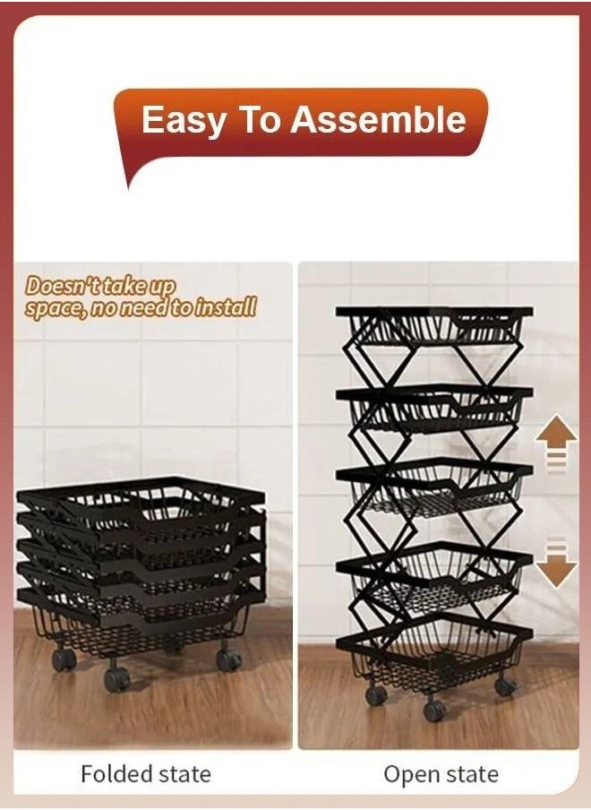 Toshionics 5 Tiers Foldable Pantry Basket Fruit Vegetable Layers Storage Collapsible Rolling Utility Cart for Kitchen Onions Potatoes Snacks Bathroom Garage Organizer with Wheels Potatoes Snacks  - Image 2