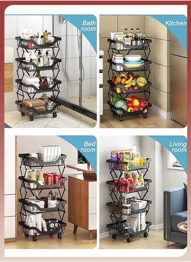 Toshionics 5 Tiers Foldable Pantry Basket Fruit Vegetable Layers Storage Collapsible Rolling Utility Cart for Kitchen Onions Potatoes Snacks Bathroom Garage Organizer with Wheels Potatoes Snacks  - Image 3
